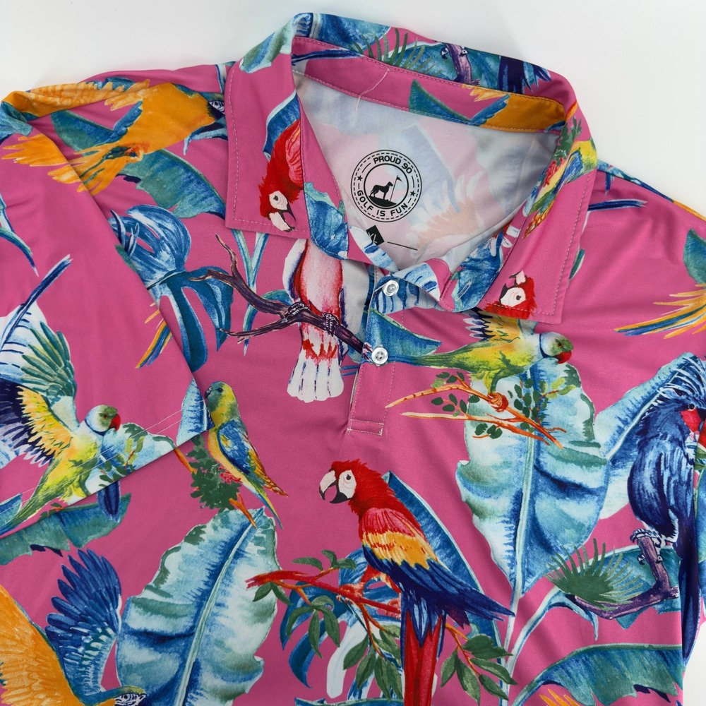 Proud 90 Golf Is Fun‎ Mens XL Pink Tropical Parrot Palm Print Performance Polo